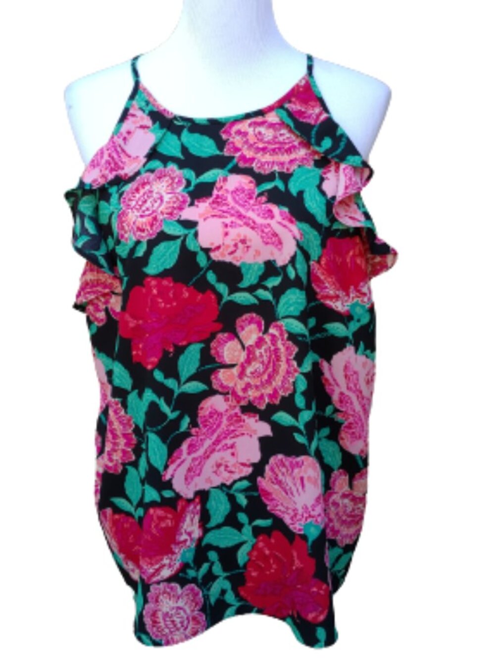 ELLE Multicolor Blouse Bold Floral Print Halter Ruffle Trim Lightweight